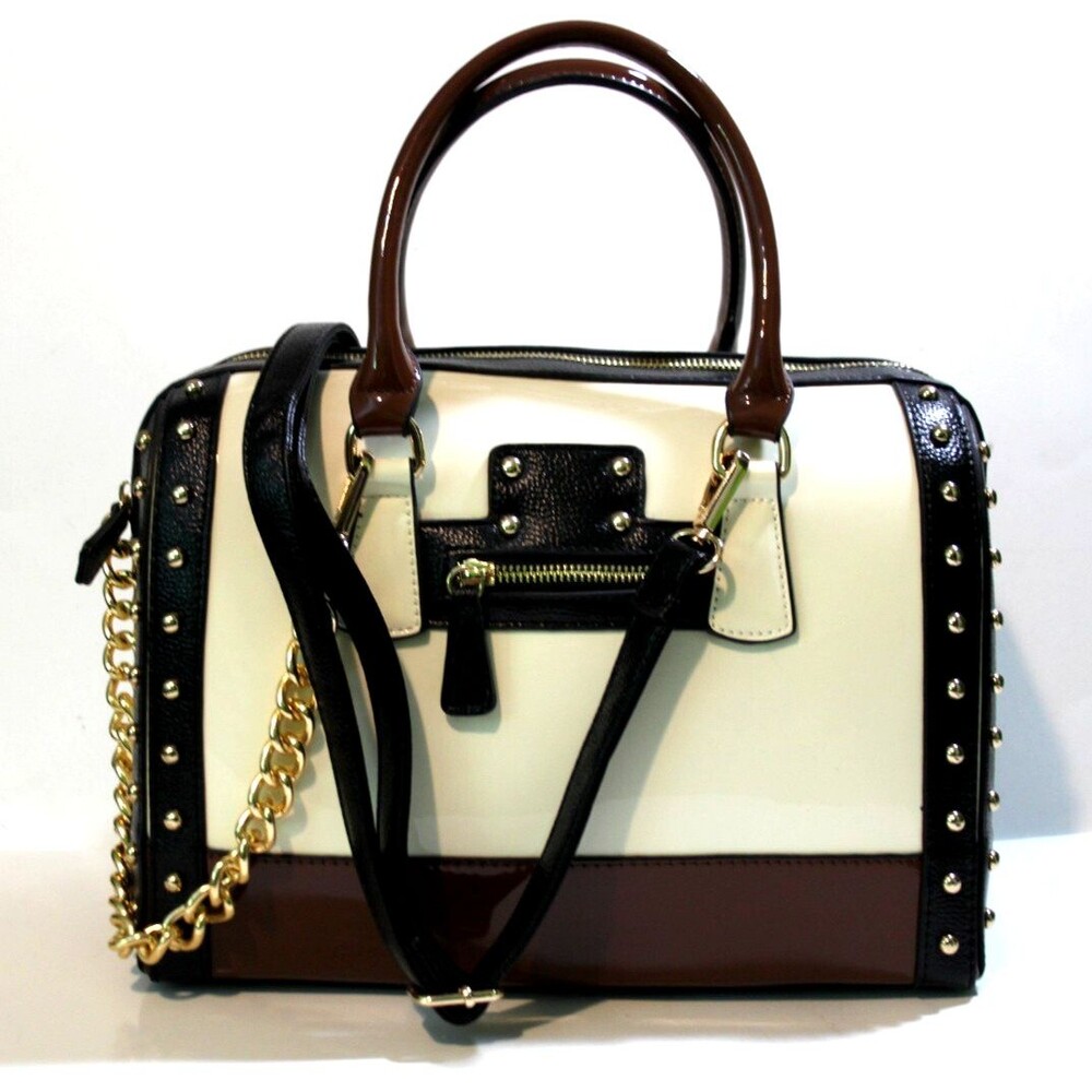 Dasein Top Double Handle Handbag Black Brown Gloss Gold Studded Crossbody Strap